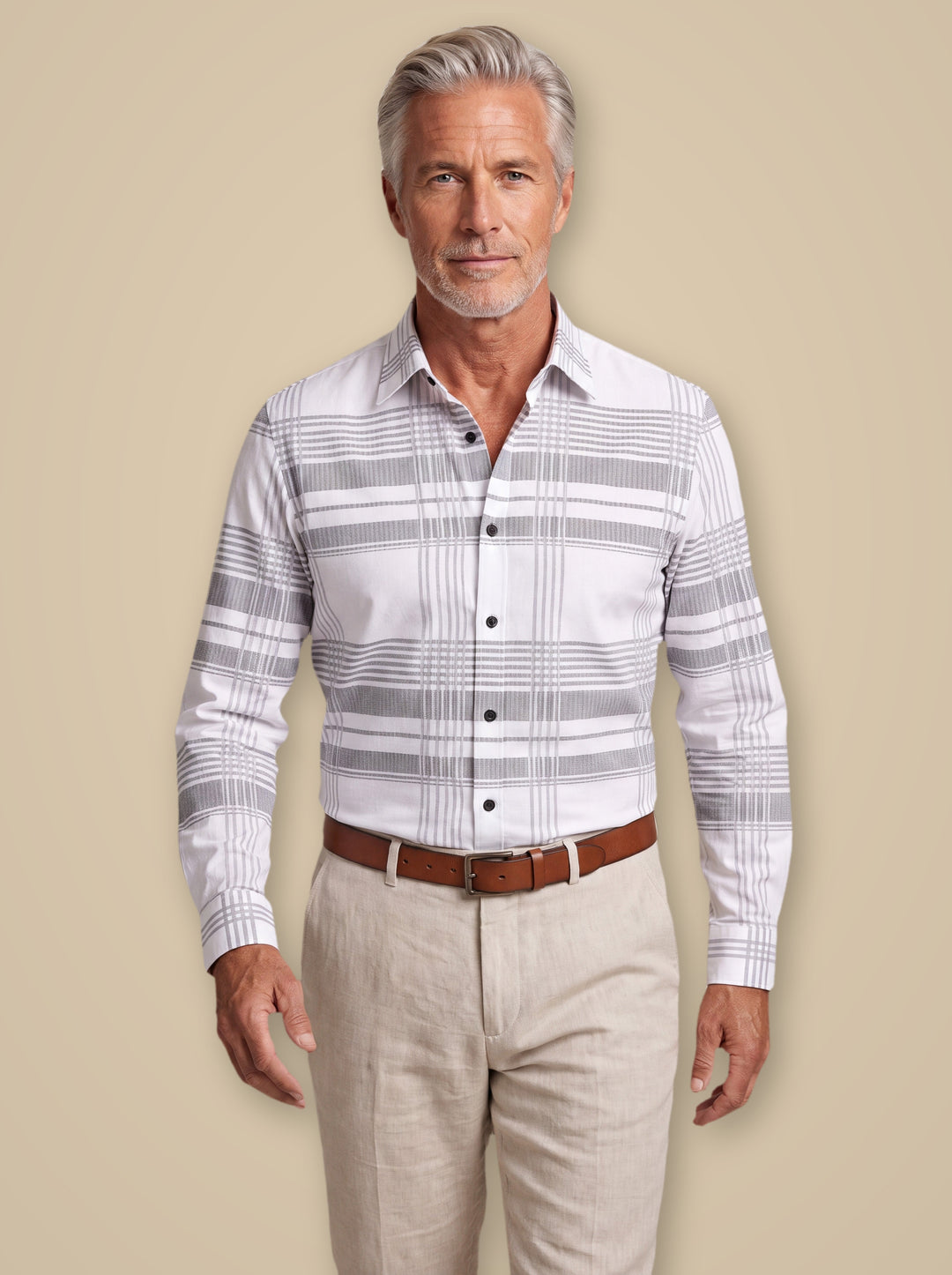 Dexter casual shirt in White, worn by a model on a warm taupe studio background - Gentlemens Manor