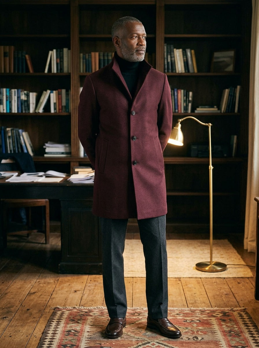 Digby overcoat in Burgundy, lifestyle in a private study, Gentlemens Manor