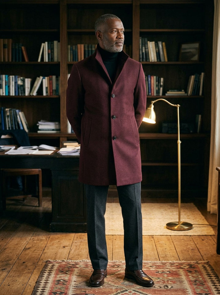 Digby overcoat in Burgundy, lifestyle in a private study, Gentlemens Manor