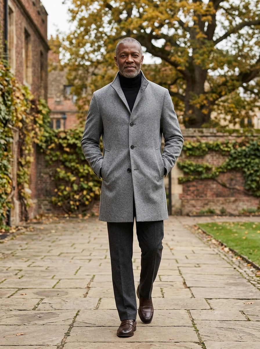 Digby overcoat in Grey, lifestyle in a brick college courtyard, Gentlemens Manor