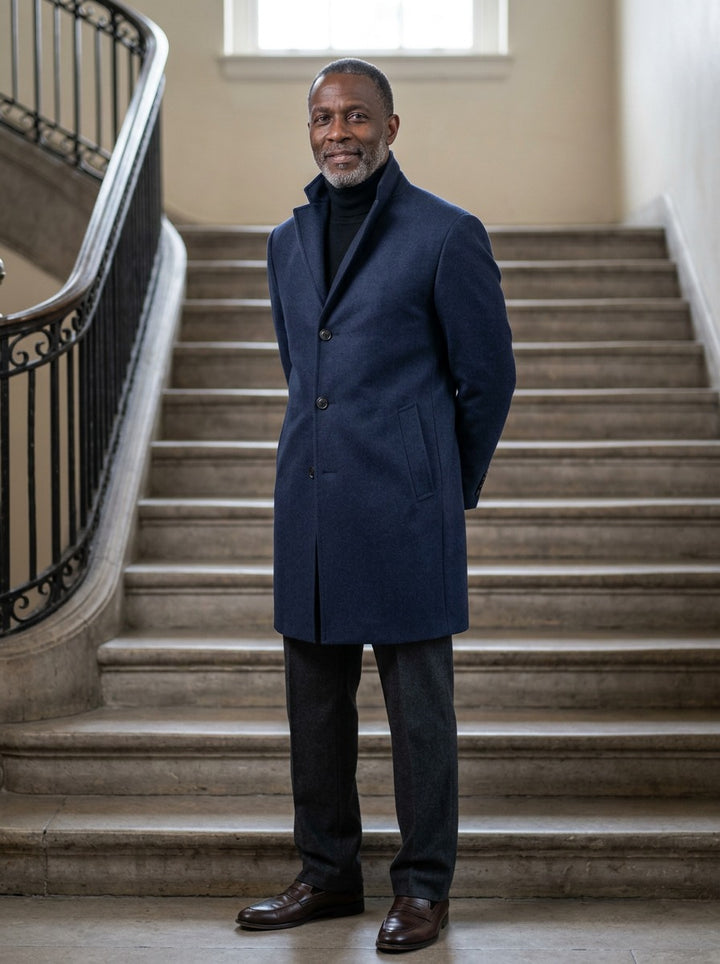 Digby overcoat in Navy, lifestyle on a civic stone staircase, Gentlemens Manor