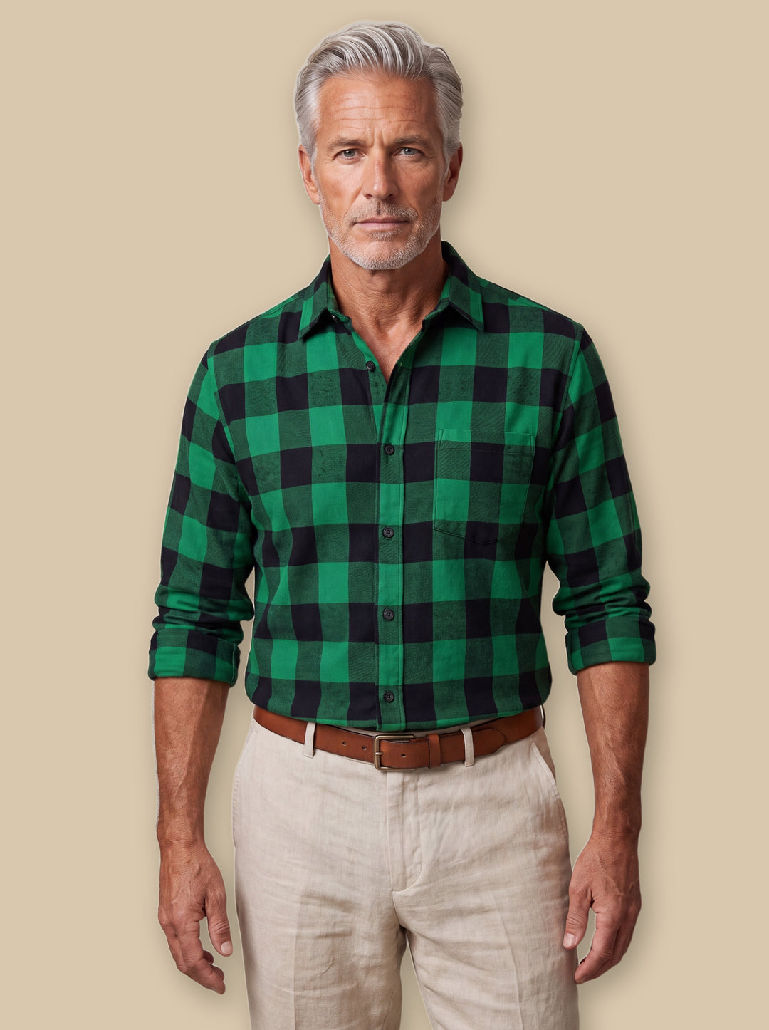 Dominic casual shirt in Green, worn by a model on a warm sand studio background - Gentlemens Manor