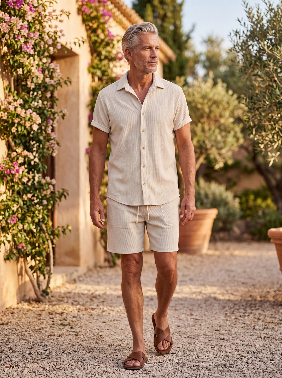 Donovan Men shirt and shorts set in Beige, worn by a model in a Mediterranean garden - Gentlemens Manor lifestyle