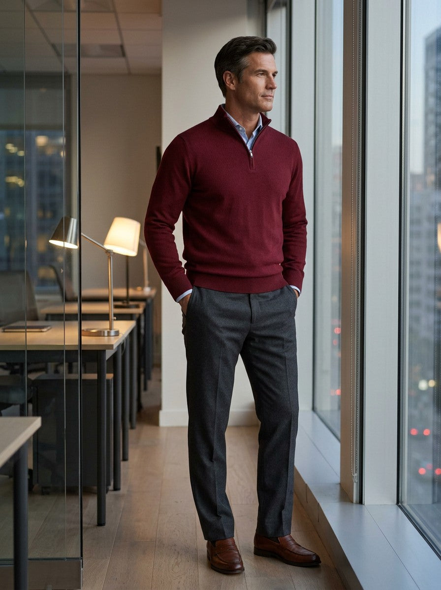 Dorsey mock neck sweater in Red, lifestyle, Gentlemens Manor