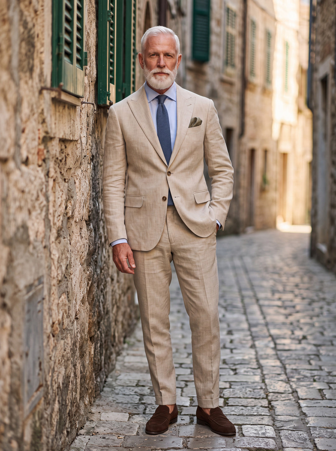 Douglas Men two-piece suit in beige, worn by a model in a Mediterranean setting - Gentlemens Manor lifestyle