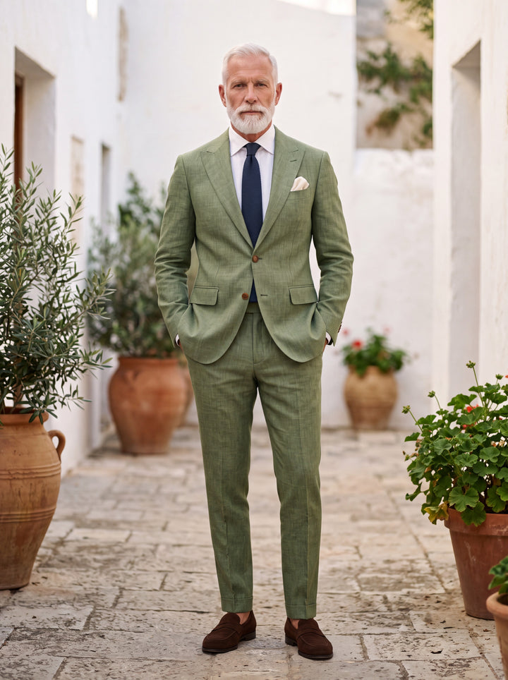 Douglas Men two-piece suit in Olive, worn by a model in a Mediterranean setting - Gentlemens Manor lifestyle