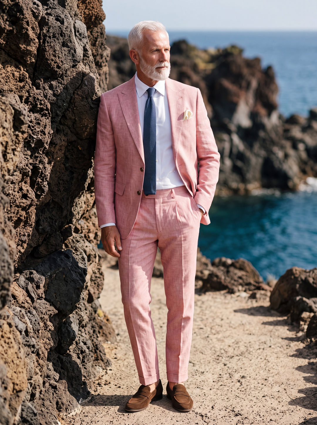 Douglas Men two-piece suit in pink, worn by a model in a Mediterranean setting - Gentlemens Manor lifestyle