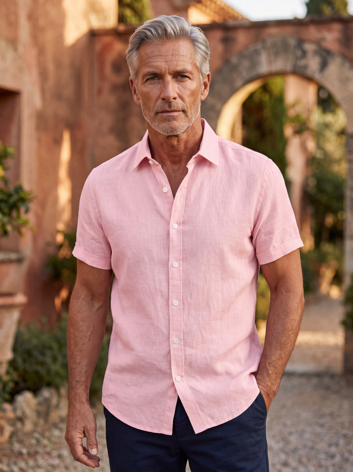 Douglas shirt in Pink, worn by a model in a Mediterranean setting - Gentlemens Manor lifestyle