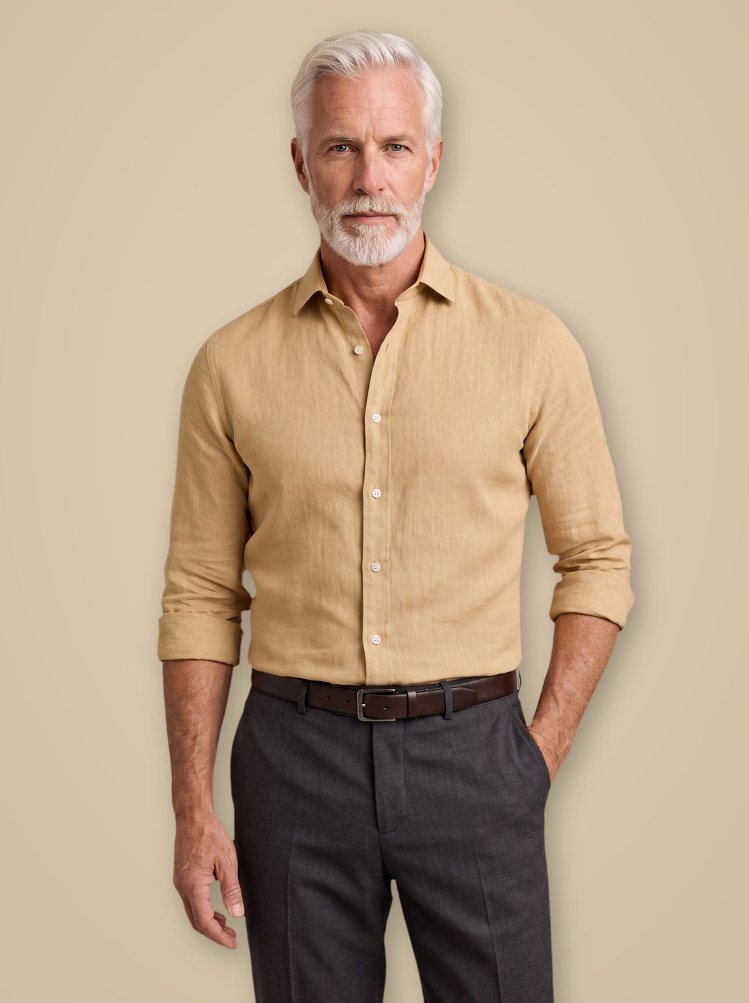 Doyle dress shirt in Beige, worn by a model on a warm taupe studio background - Gentlemens Manor
