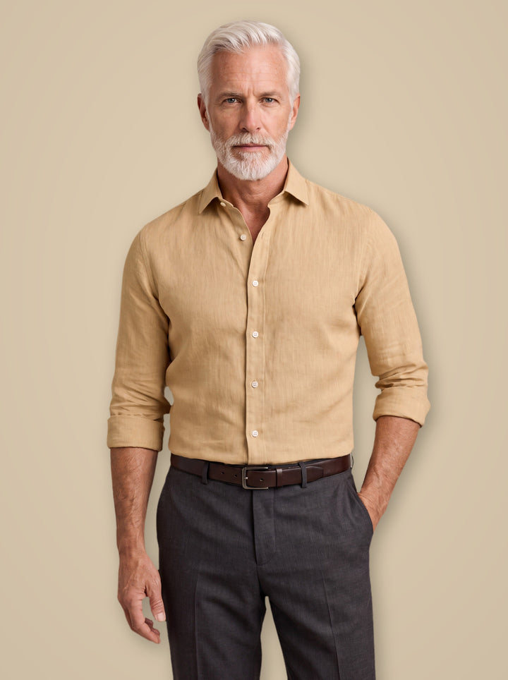 Doyle dress shirt in Beige, worn by a model on a warm taupe studio background - Gentlemens Manor