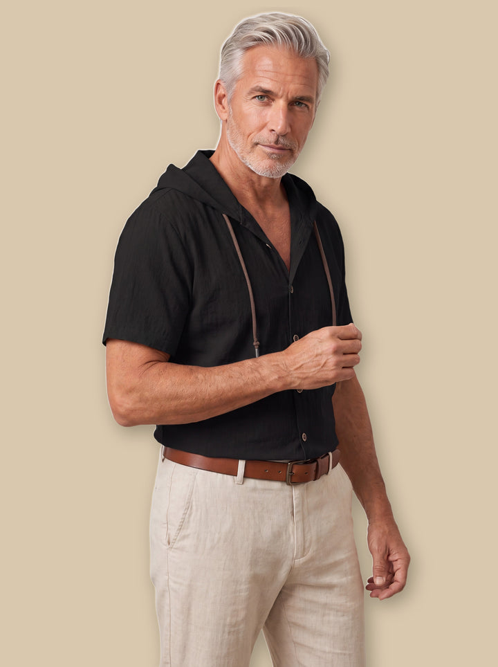 Drake hooded top in Black, worn by a model on a warm sand studio background - Gentlemens Manor