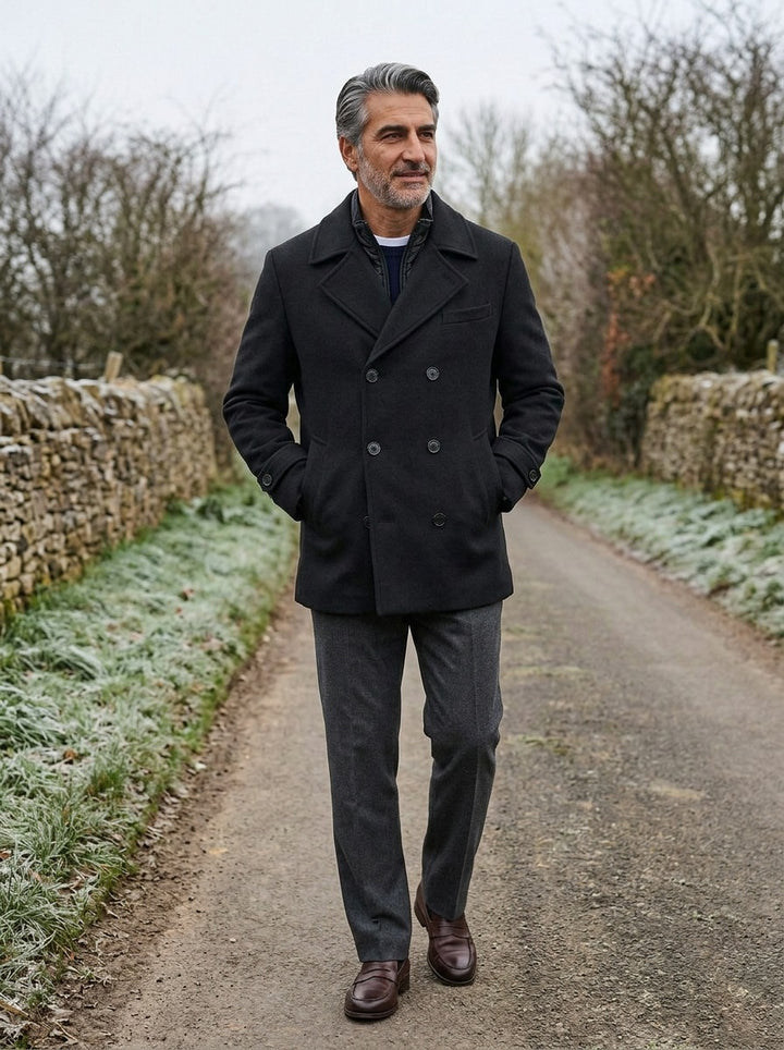 Driscoll double breasted peacoat in Black, lifestyle on a country lane, Gentlemens Manor