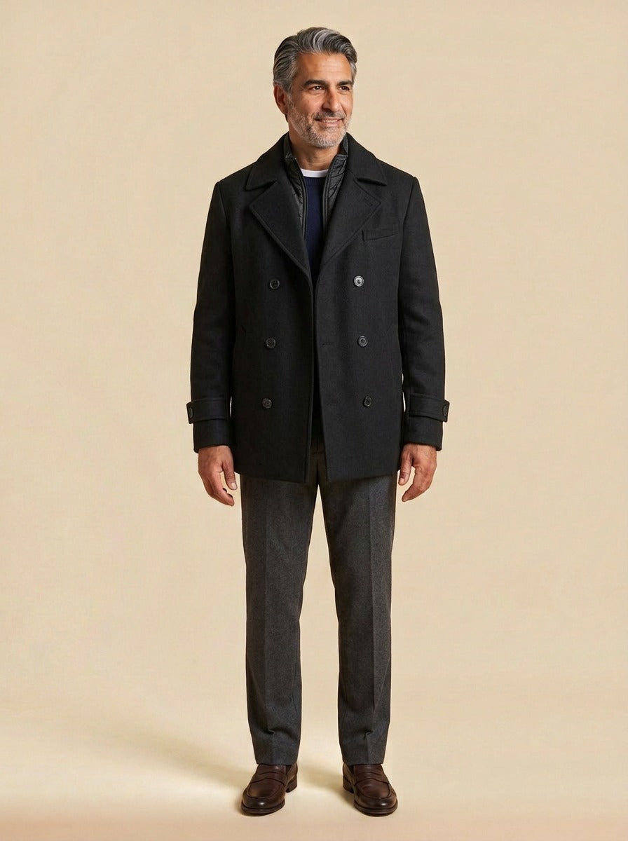 Driscoll double breasted peacoat in Black, studio, Gentlemens Manor