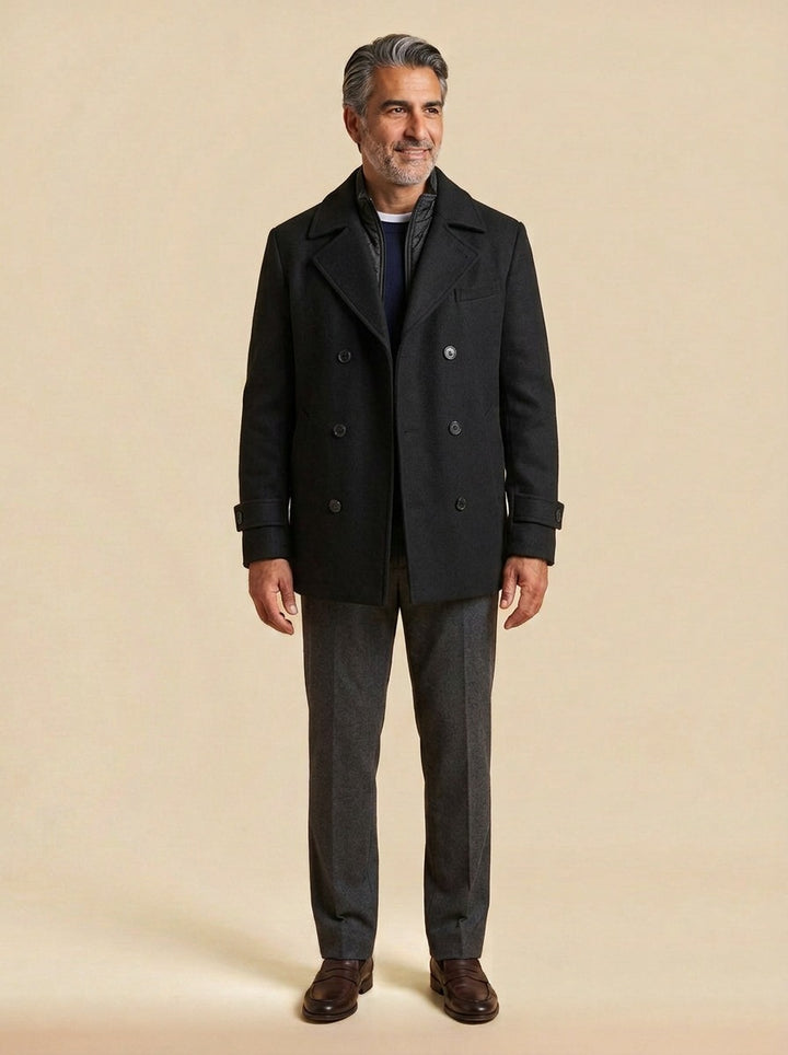 Driscoll double breasted peacoat in Black, studio, Gentlemens Manor