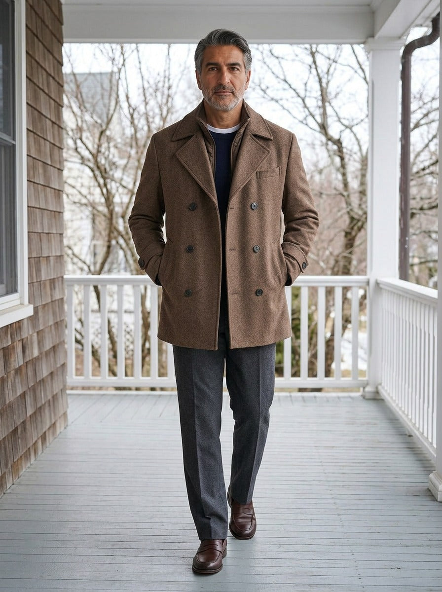 Driscoll double breasted peacoat in Brown, lifestyle on a covered porch, Gentlemens Manor