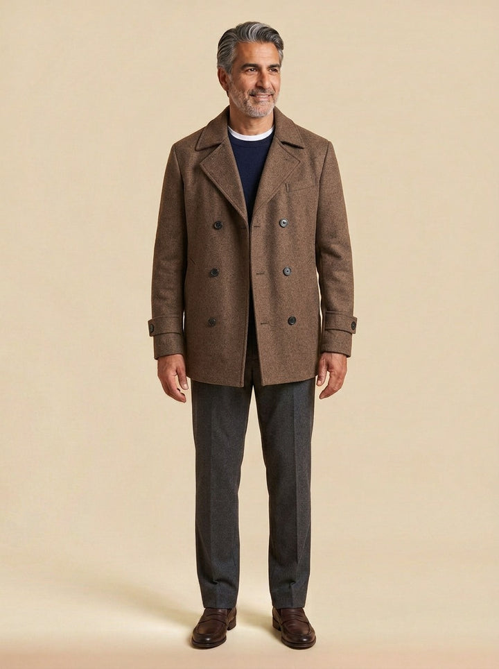 Driscoll double breasted peacoat in Brown, studio, Gentlemens Manor