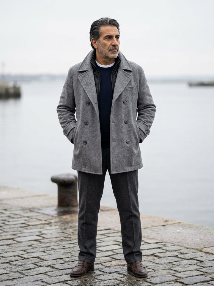 Driscoll double breasted peacoat in Grey, lifestyle on a stone harbor quay, Gentlemens Manor