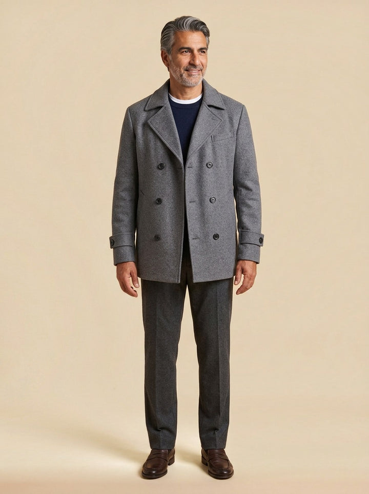 Driscoll double breasted peacoat in Grey, studio, Gentlemens Manor