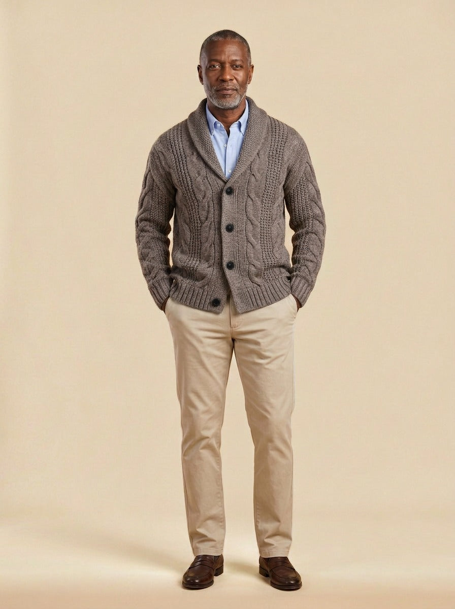 Drummond cable knit cardigan in Brown, studio, Gentlemens Manor