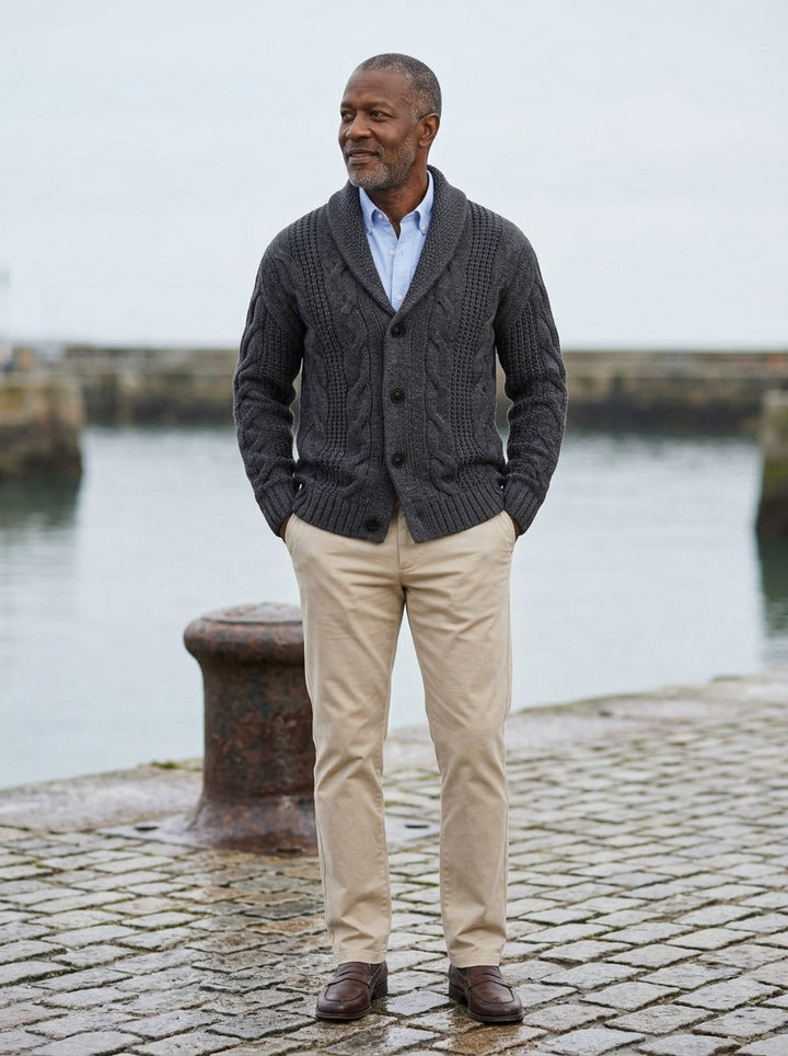 Drummond cable knit cardigan in Charcoal, lifestyle on a stone harbor quay, Gentlemens Manor