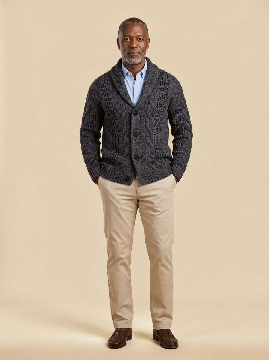 Drummond cable knit cardigan in Charcoal, studio, Gentlemens Manor