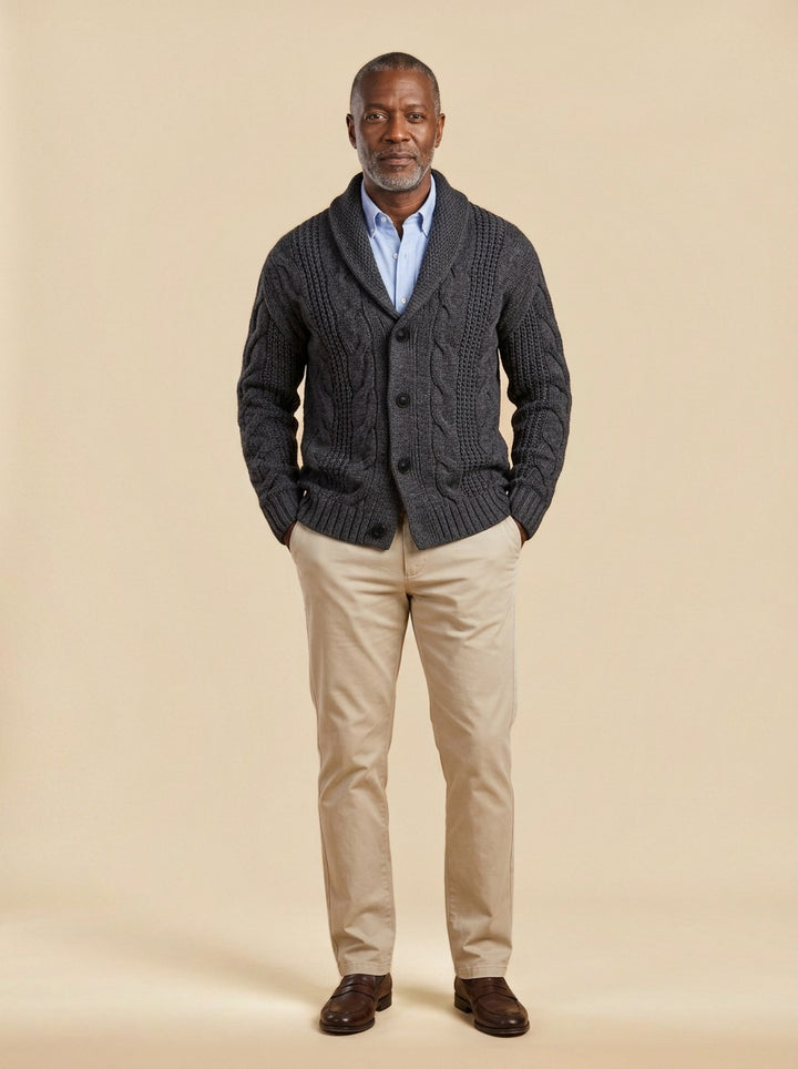 Drummond cable knit cardigan in Charcoal, studio, Gentlemens Manor