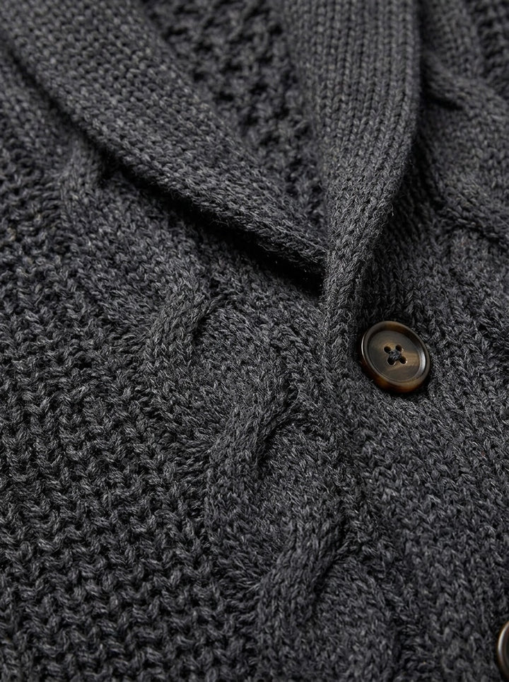 Drummond cable knit cardigan, fabric close up, Gentlemens Manor