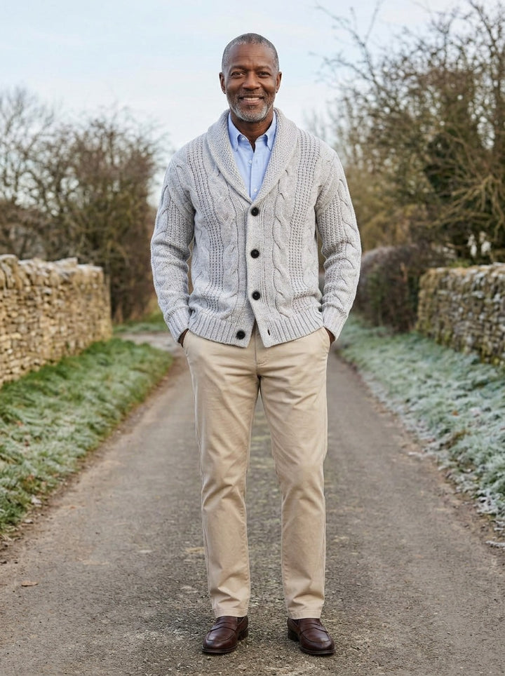 Drummond cable knit cardigan in Light Grey, lifestyle on a country lane, Gentlemens Manor