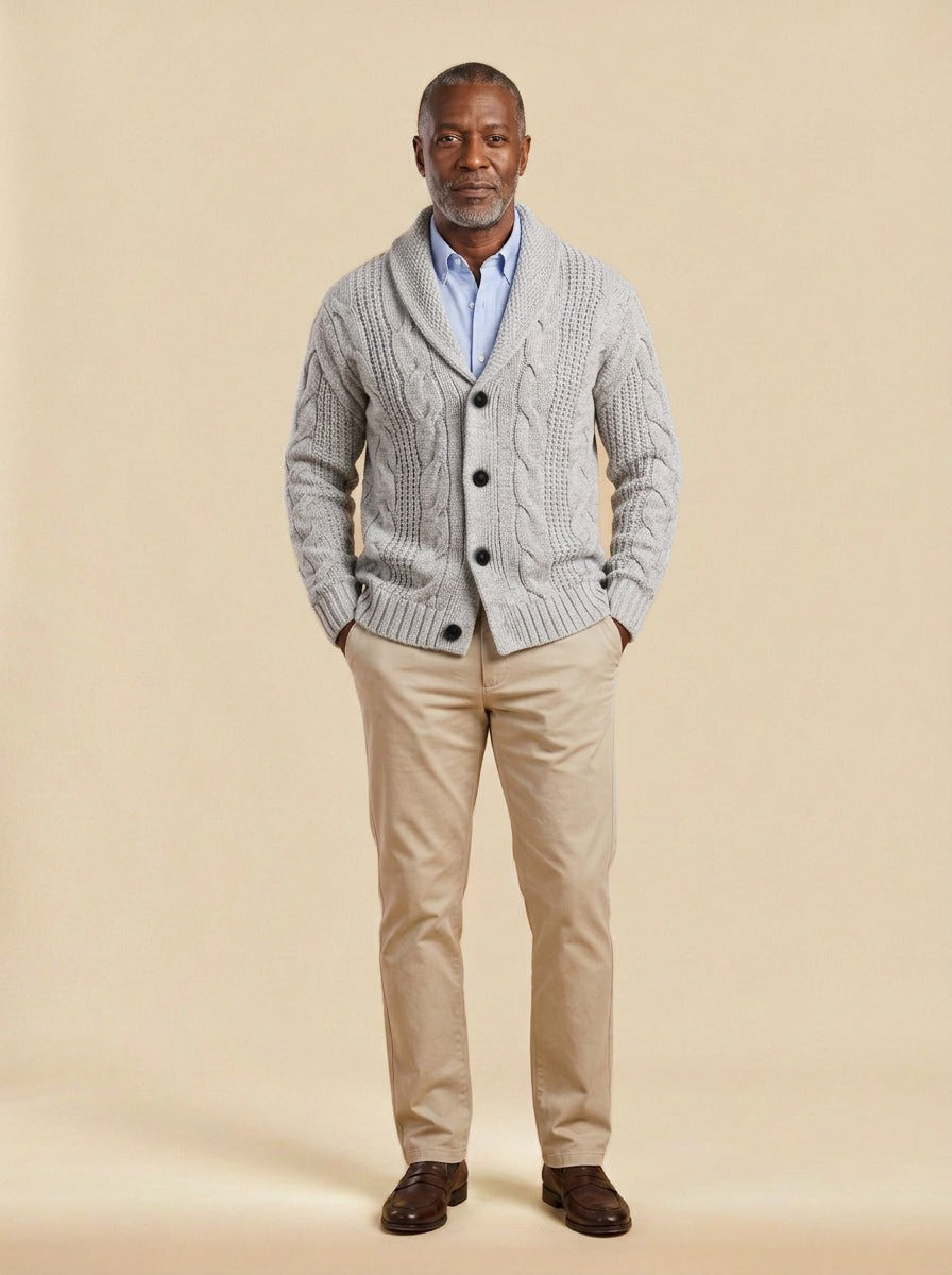 Drummond cable knit cardigan in Light Grey, studio, Gentlemens Manor