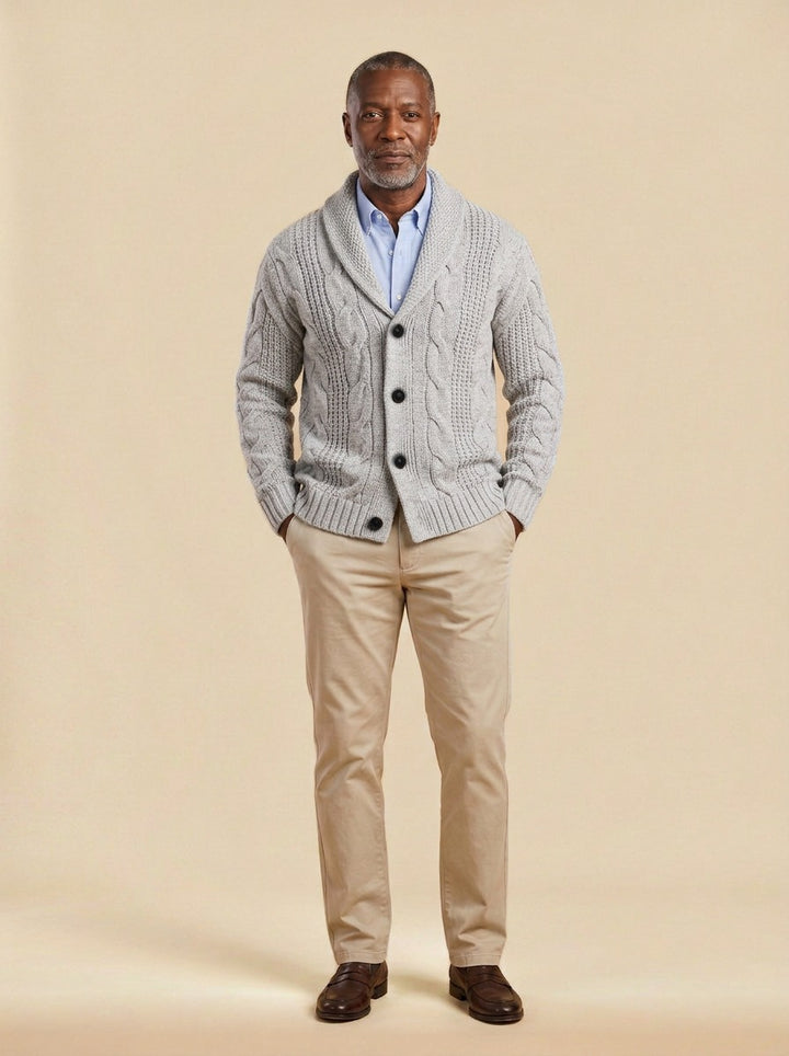 Drummond cable knit cardigan in Light Grey, studio, Gentlemens Manor