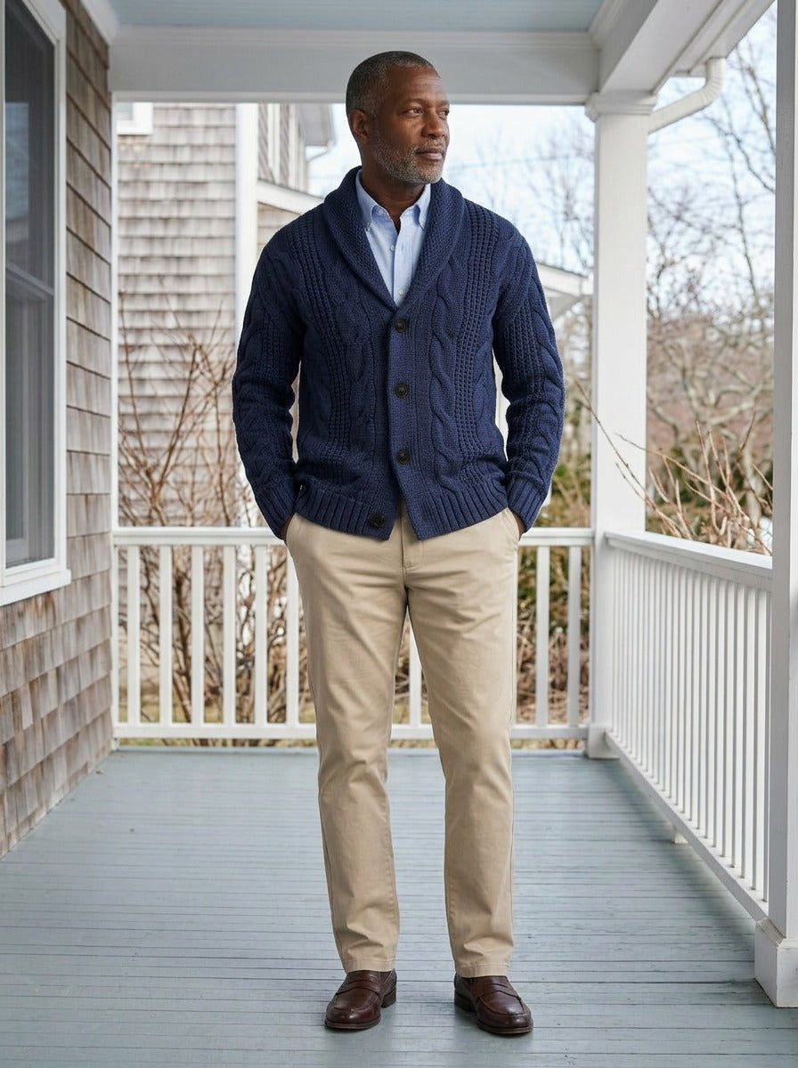 Drummond cable knit cardigan in Navy, lifestyle on a covered porch, Gentlemens Manor