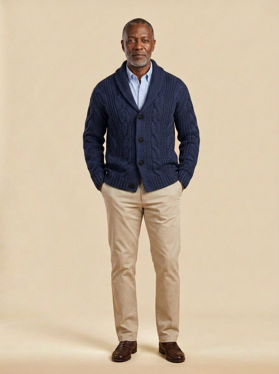 Drummond cable knit cardigan in Navy, studio, Gentlemens Manor