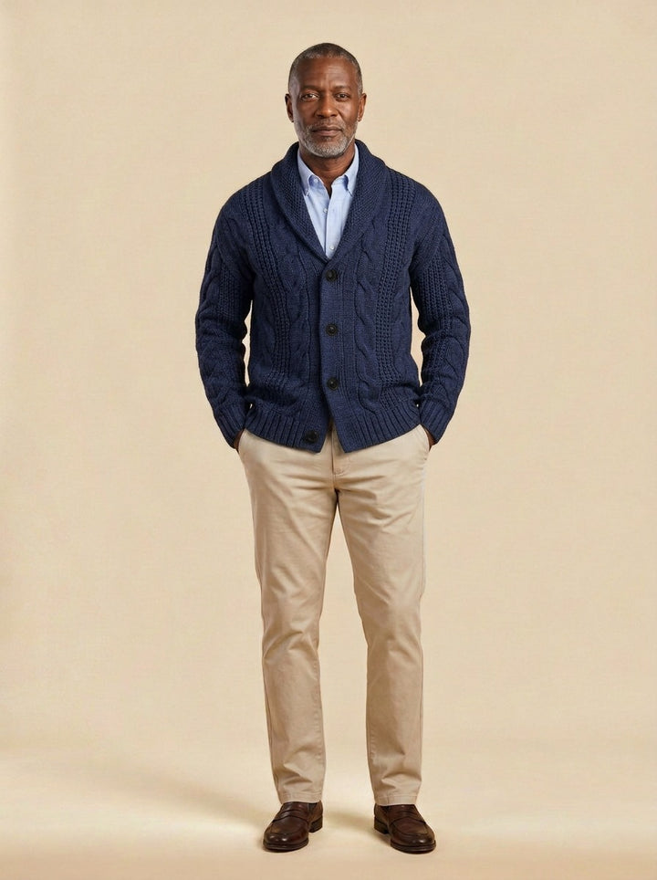 Drummond cable knit cardigan in Navy, studio, Gentlemens Manor