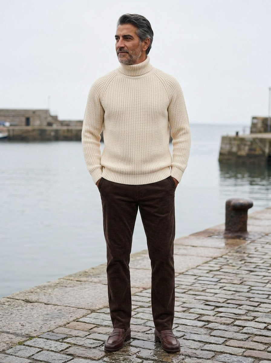 Dunbar rib knit raglan turtleneck sweater in Cream, lifestyle on a stone harbor quay, Gentlemens Manor