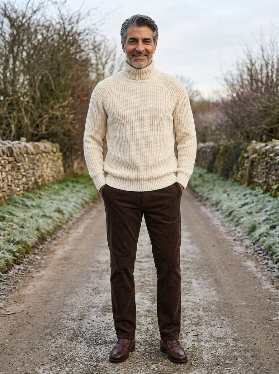 Dunbar rib knit raglan turtleneck sweater in Cream, lifestyle on a country lane, Gentlemens Manor