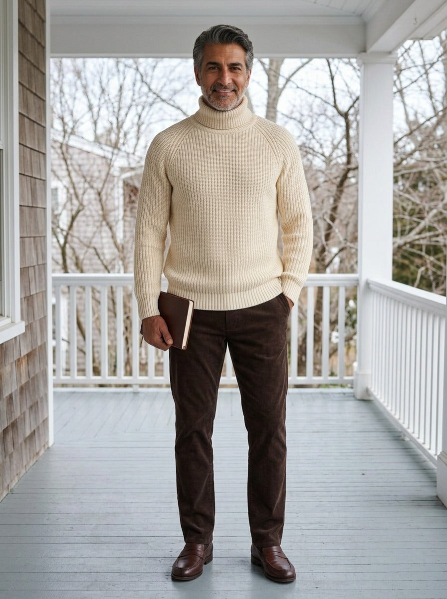 Dunbar rib knit raglan turtleneck sweater in Cream, lifestyle on a covered porch, Gentlemens Manor
