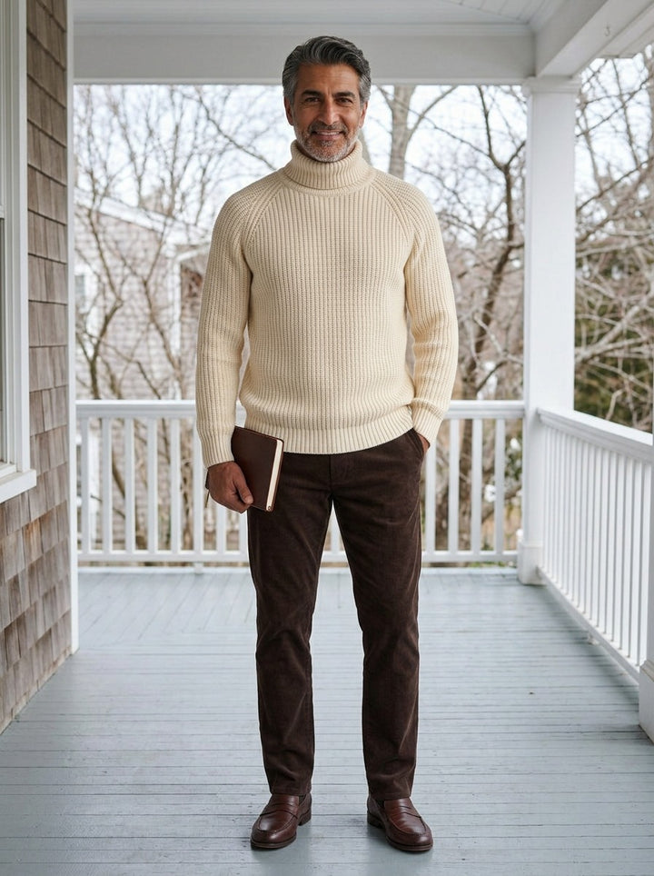 Dunbar rib knit raglan turtleneck sweater in Cream, lifestyle on a covered porch, Gentlemens Manor