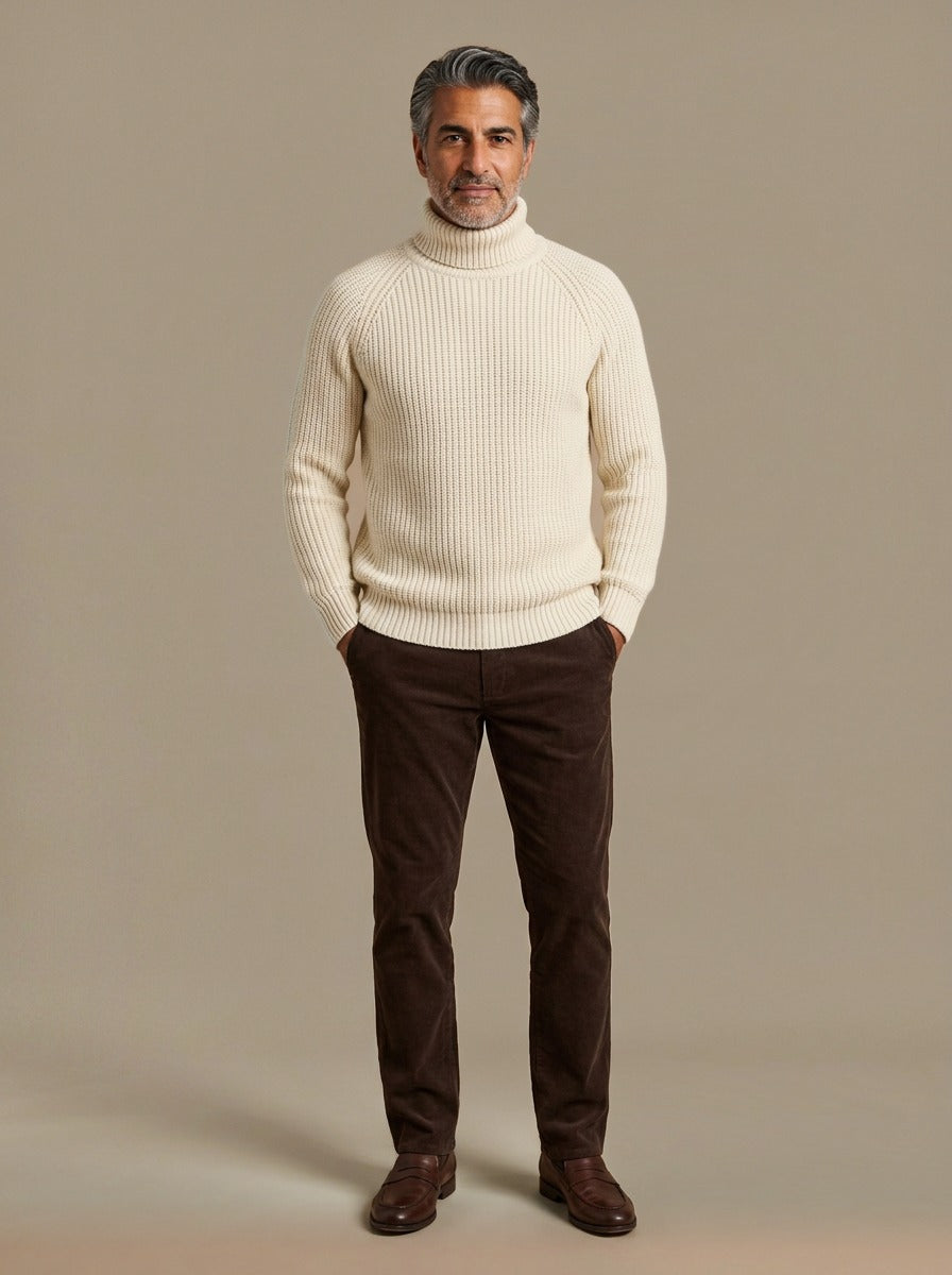 Dunbar rib knit raglan turtleneck sweater in Cream, studio, Gentlemens Manor
