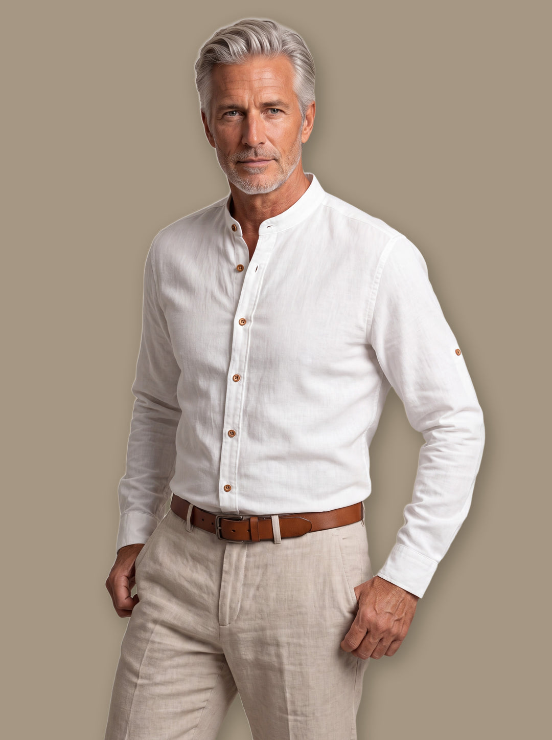 Duncan casual shirt in White, worn by a model on a warm taupe studio background - Gentlemens Manor
