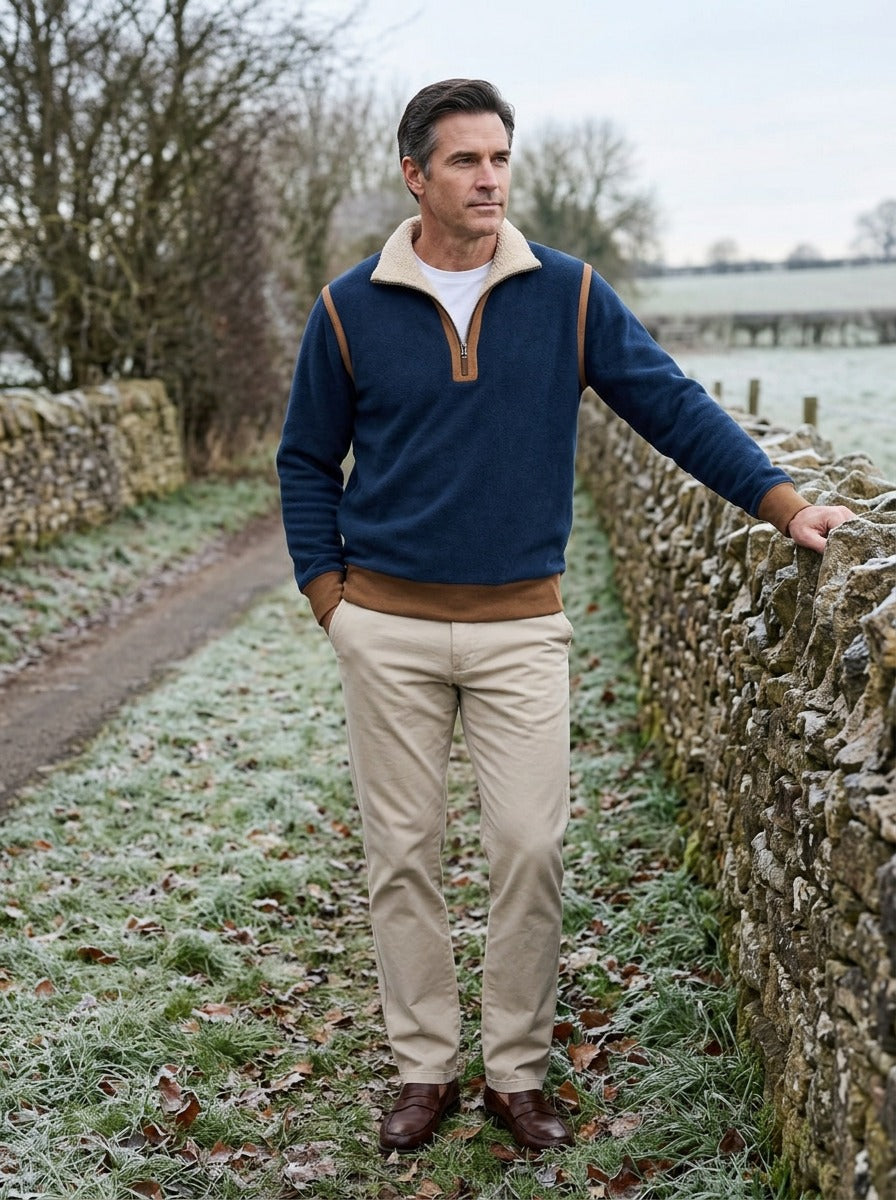 Dunham quarter zip pullover in Navy, lifestyle on a country lane, Gentlemens Manor