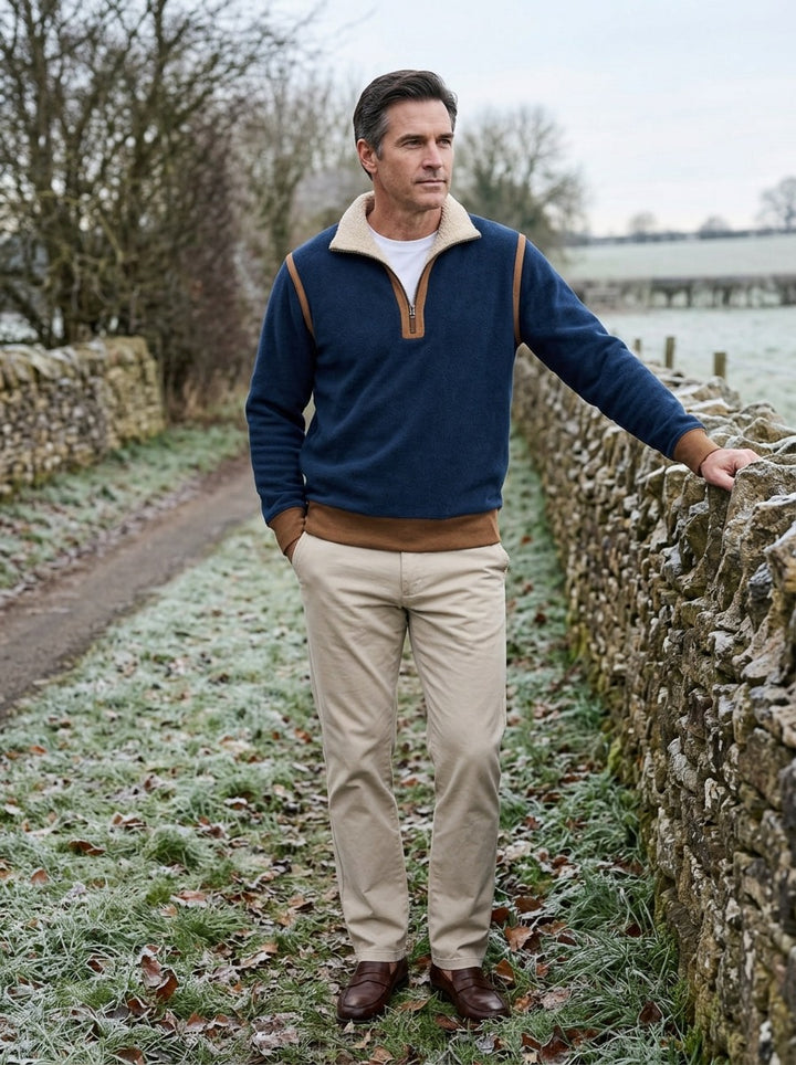 Dunham quarter zip pullover in Navy, lifestyle on a country lane, Gentlemens Manor