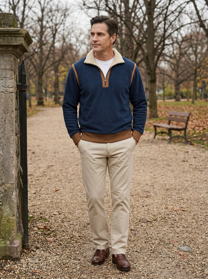 Dunham quarter zip pullover in Navy, lifestyle on a park path, Gentlemens Manor