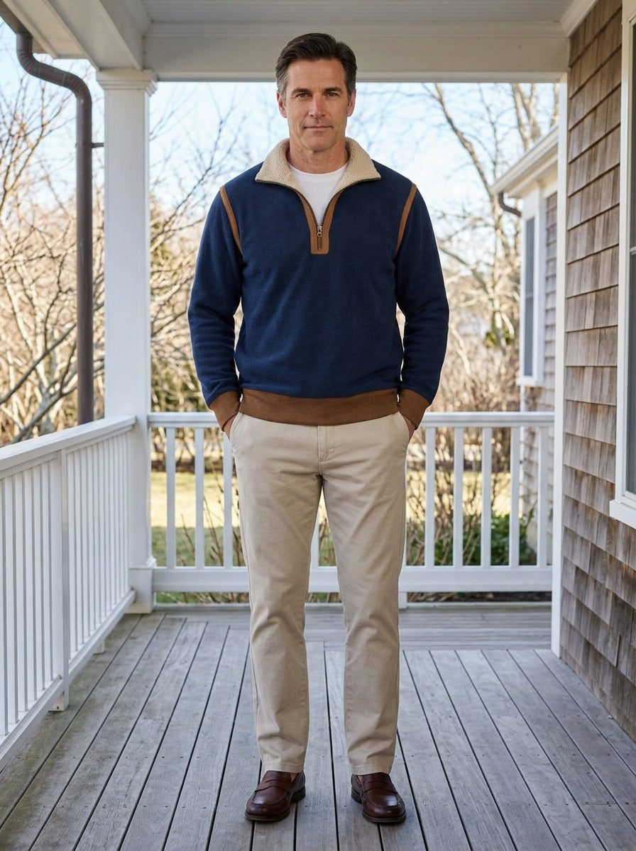 Dunham quarter zip pullover in Navy, lifestyle on a covered porch, Gentlemens Manor