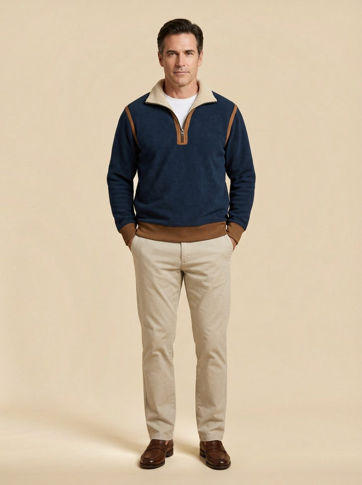 Dunham quarter zip pullover in Navy, studio, Gentlemens Manor