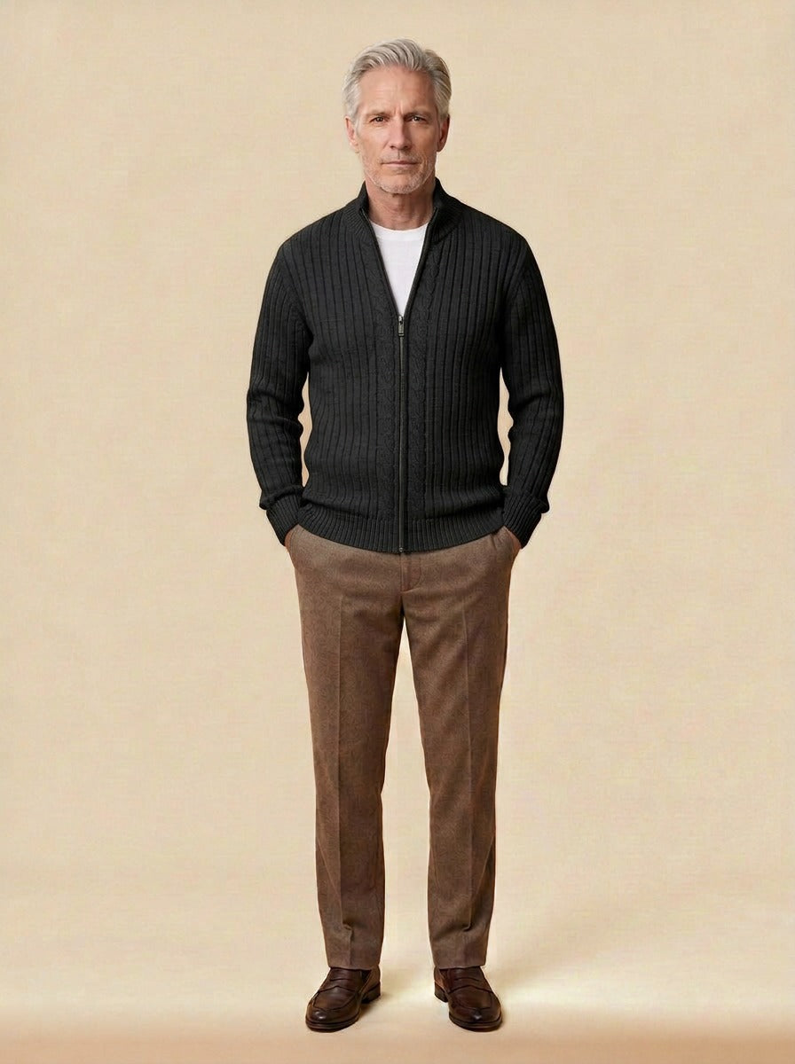 Dunstan ribbed zip cardigan in Black, studio, Gentlemens Manor