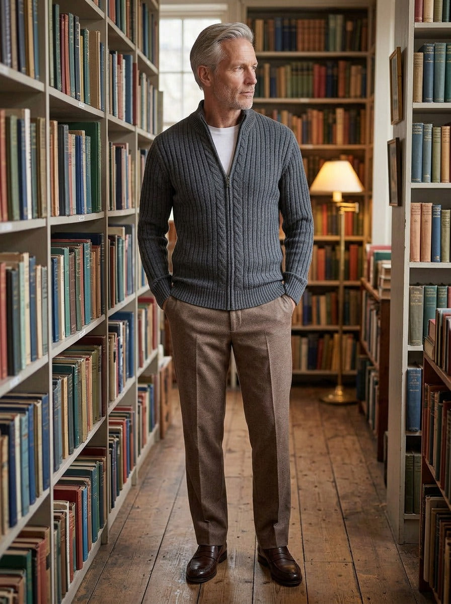 Dunstan ribbed zip cardigan in Charcoal, lifestyle in a secondhand bookshop, Gentlemens Manor