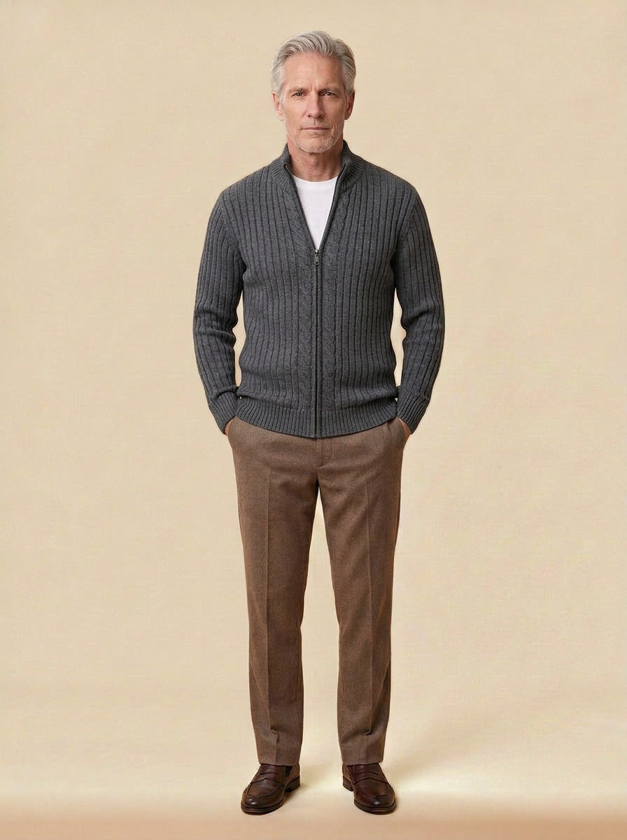 Dunstan ribbed zip cardigan in Charcoal, studio, Gentlemens Manor