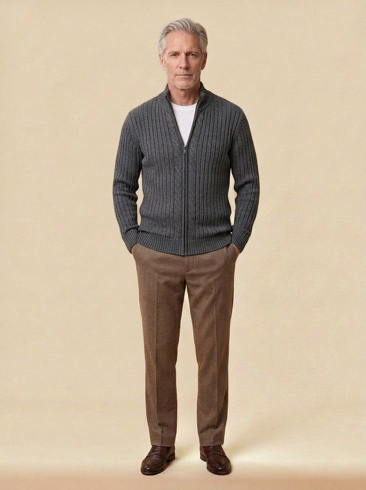 Dunstan ribbed zip cardigan in Charcoal, studio, Gentlemens Manor