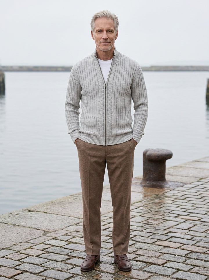 Dunstan ribbed zip cardigan in Light Grey, lifestyle on a stone harbor quay, Gentlemens Manor