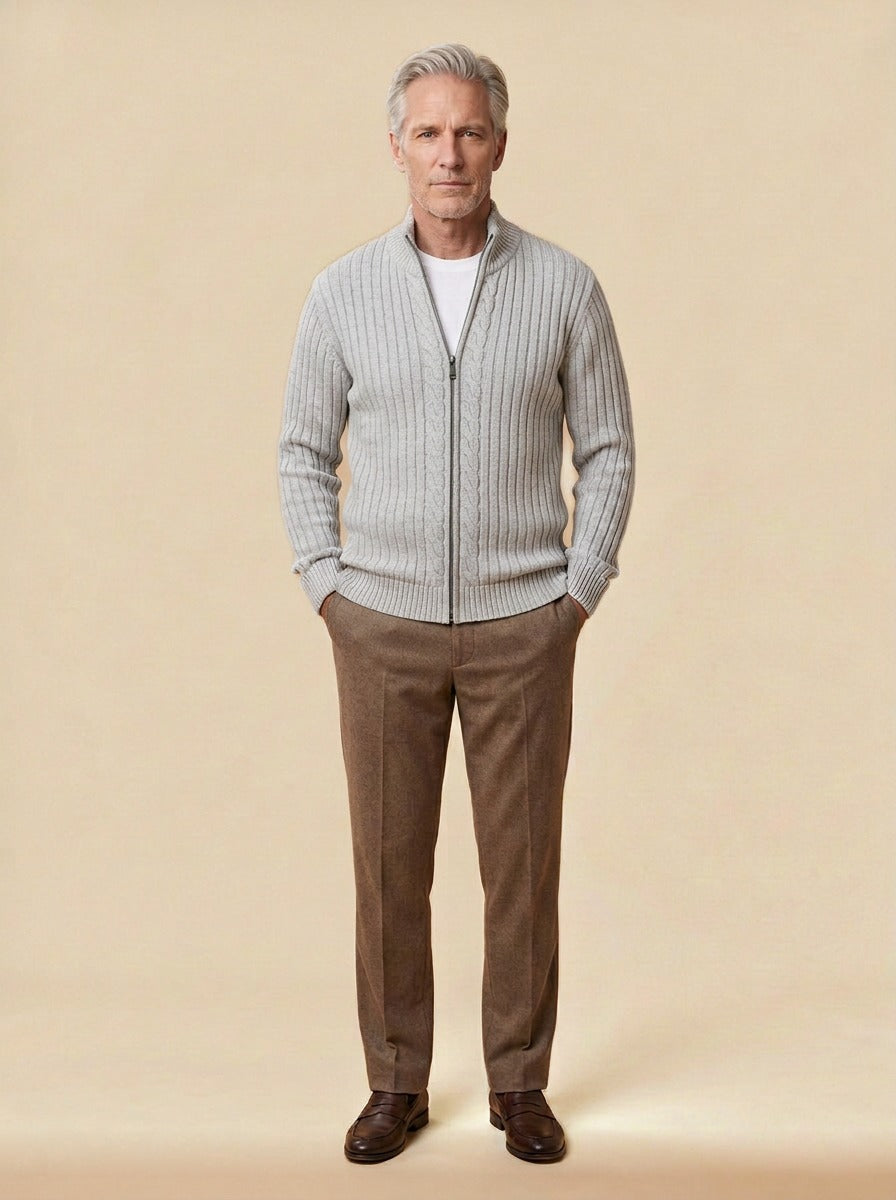 Dunstan ribbed zip cardigan in Light Grey, studio, Gentlemens Manor